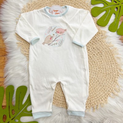 Macacão Malha Trape Zape - Passarinhos - Off White e Azul Bebê